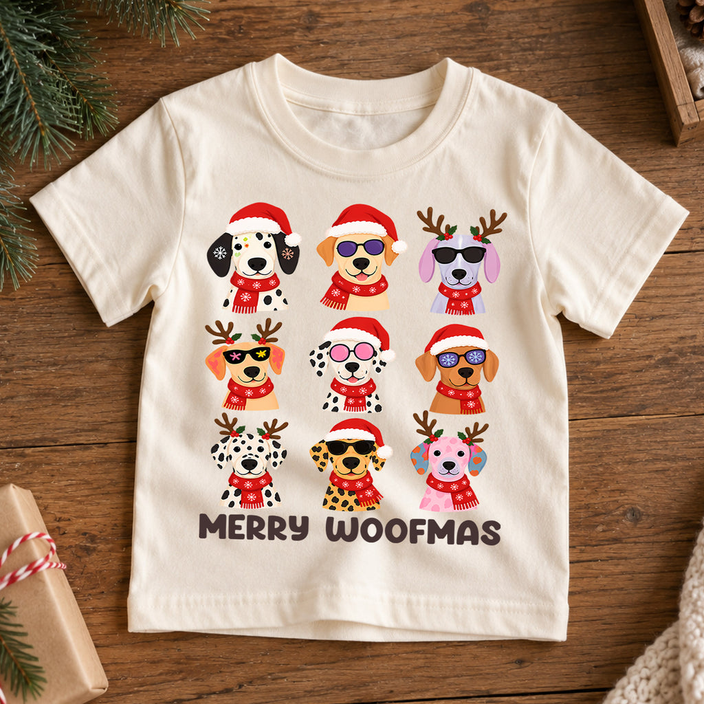 Merry Woofmas Christmas Shirt, Cute Puppy Grid Holiday Kids Tee, Festive Winter Holiday Animal Graphic, Fun Christmas Gift for Children — product view 7