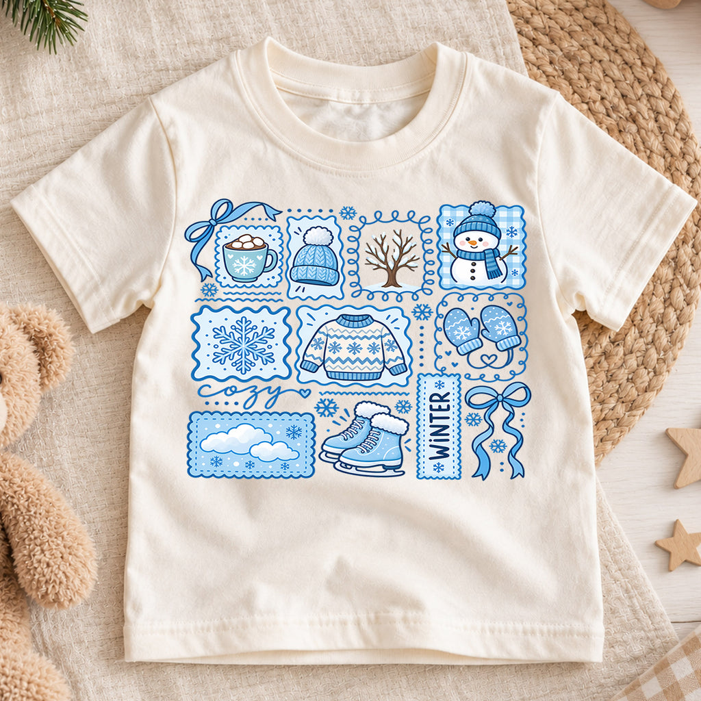 Cute Blue Winter Grid Christmas Shirt, Cozy Snowman Postage Graphic Kids Tee, Festive Holiday Winter Outfit, Christmas Gift for Toddlers — product view 1