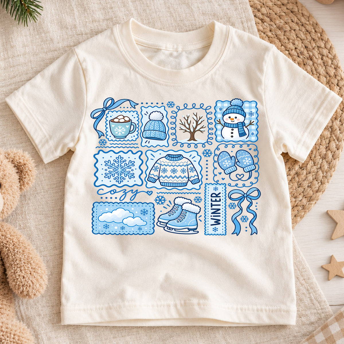 Cute Blue Winter Grid Christmas Shirt, Cozy Snowman Postage Graphic Kids Tee, Festive Holiday Winter Outfit, Christmas Gift for Toddlers — product view 1