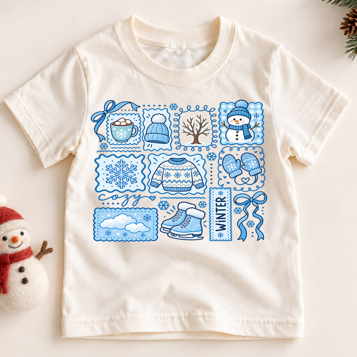 Cute Blue Winter Grid Christmas Shirt, Cozy Snowman Postage Graphic Kids Tee, Festive Holiday Winter Outfit, Christmas Gift for Toddlers — product view 2