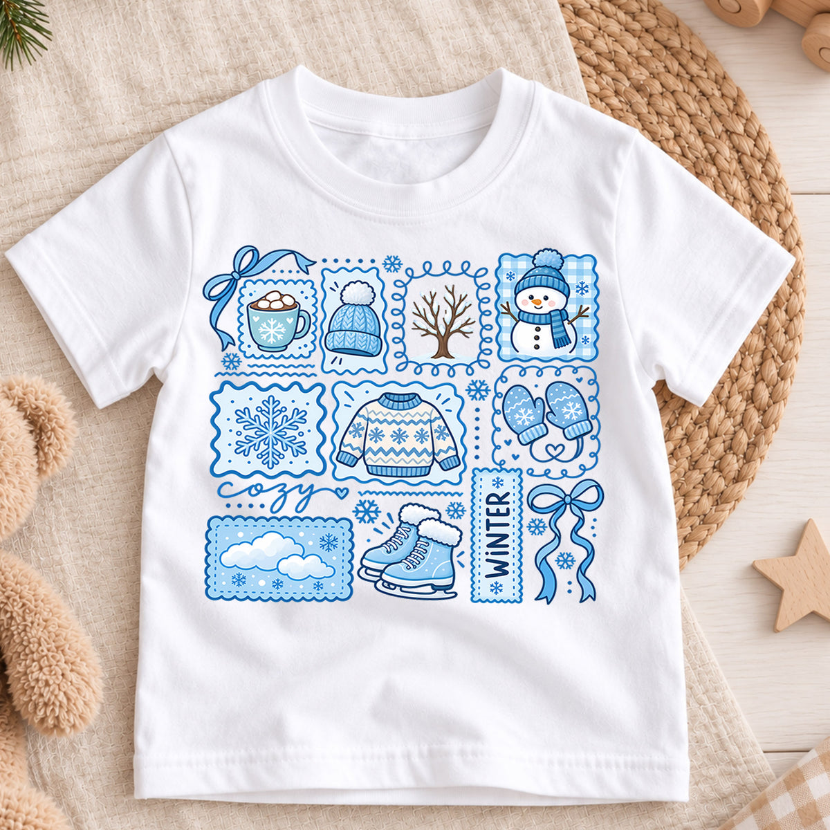 Cute Blue Winter Grid Christmas Shirt, Cozy Snowman Postage Graphic Kids Tee, Festive Holiday Winter Outfit, Christmas Gift for Toddlers — product view 3
