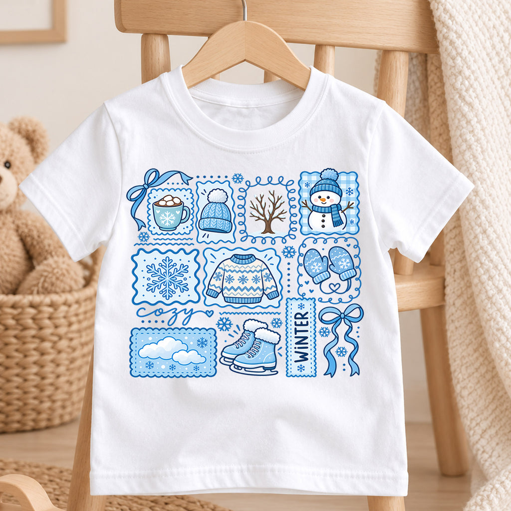 Cute Blue Winter Grid Christmas Shirt, Cozy Snowman Postage Graphic Kids Tee, Festive Holiday Winter Outfit, Christmas Gift for Toddlers — product view 4