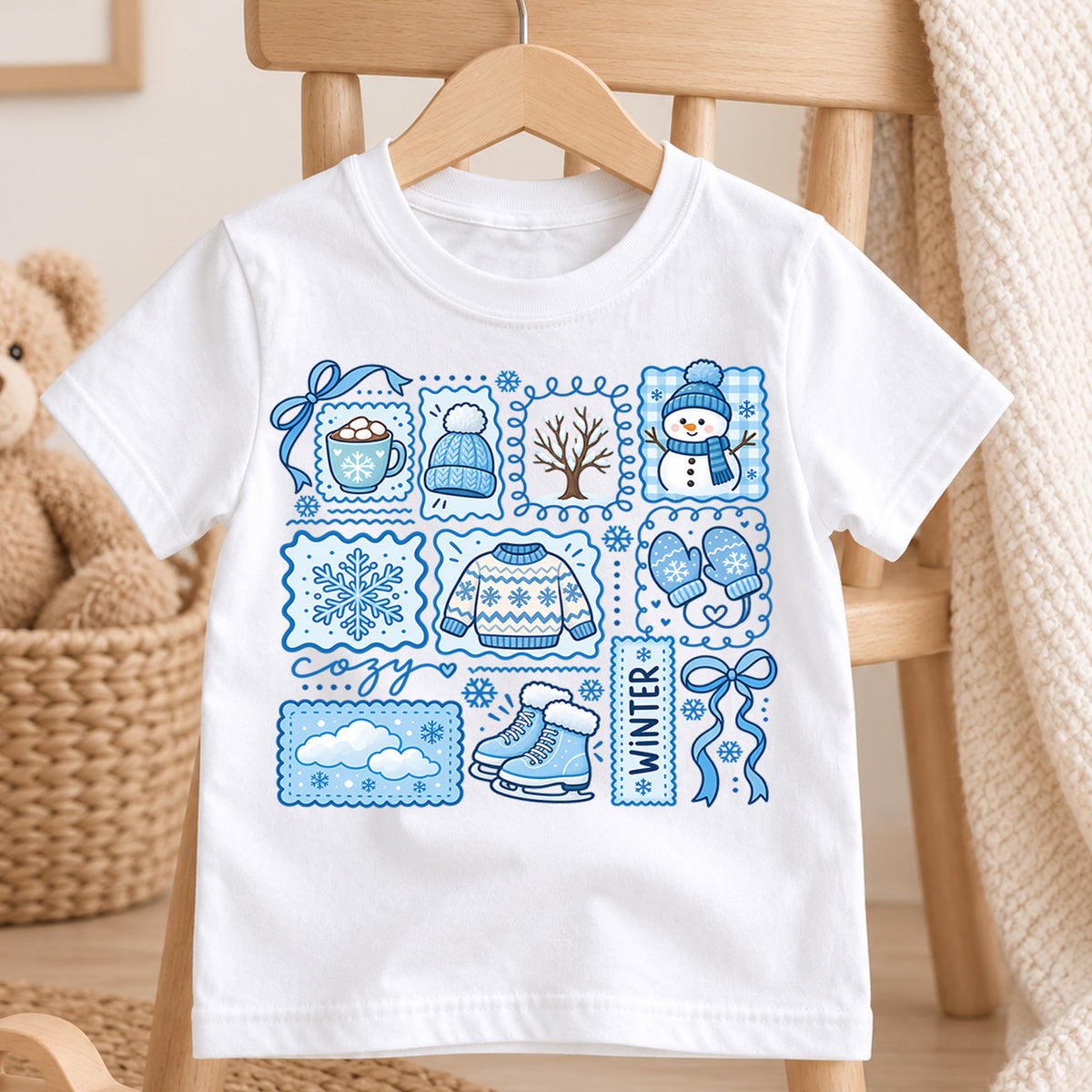 Cute Blue Winter Grid Christmas Shirt, Cozy Snowman Postage Graphic Kids Tee, Festive Holiday Winter Outfit, Christmas Gift for Toddlers — product view 4