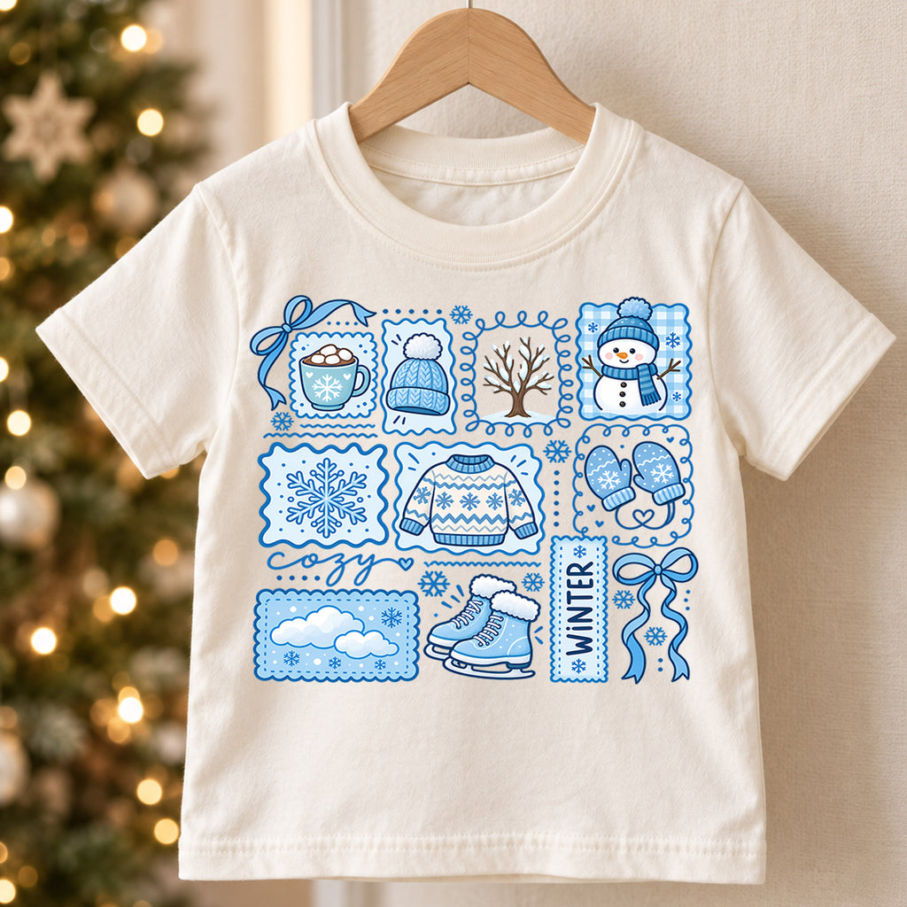 Cute Blue Winter Grid Christmas Shirt, Cozy Snowman Postage Graphic Kids Tee, Festive Holiday Winter Outfit, Christmas Gift for Toddlers — product view 5