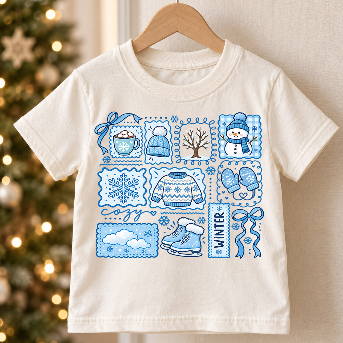 Cute Blue Winter Grid Christmas Shirt, Cozy Snowman Postage Graphic Kids Tee, Festive Holiday Winter Outfit, Christmas Gift for Toddlers — product view 5