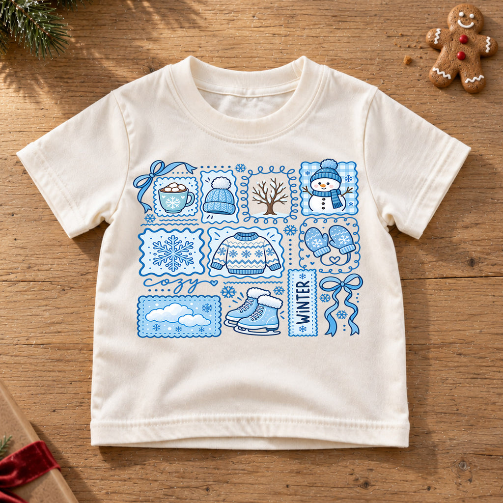 Cute Blue Winter Grid Christmas Shirt, Cozy Snowman Postage Graphic Kids Tee, Festive Holiday Winter Outfit, Christmas Gift for Toddlers — product view 6