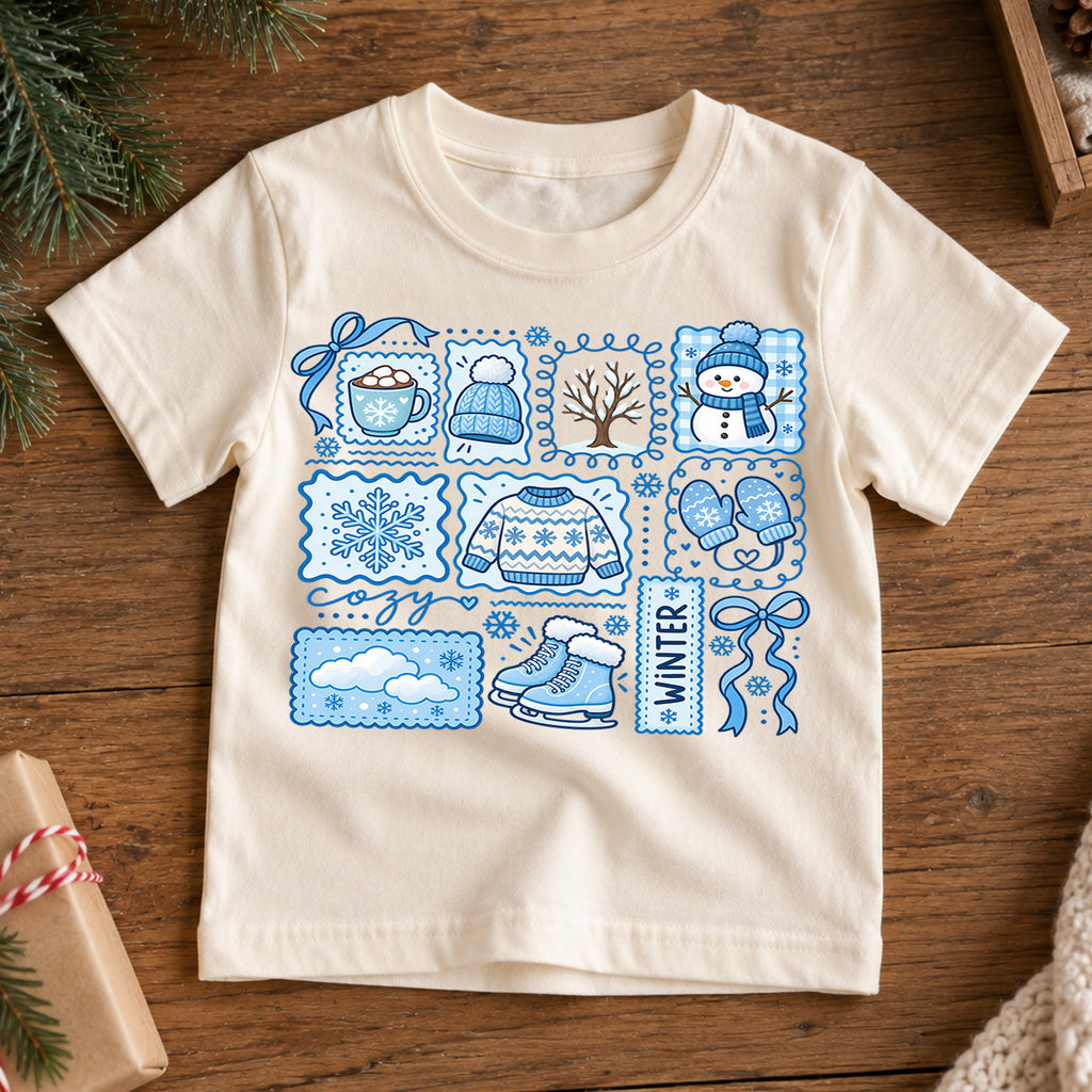 Cute Blue Winter Grid Christmas Shirt, Cozy Snowman Postage Graphic Kids Tee, Festive Holiday Winter Outfit, Christmas Gift for Toddlers — product view 7