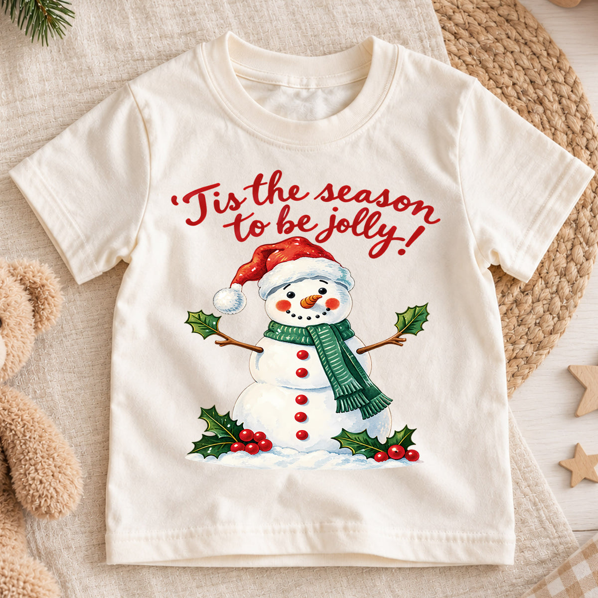 Tis the Season to Be Jolly Snowman Christmas Shirt, Cute Holiday Kids Tee, Festive Winter Holiday Outfit, Christmas Gift for Children — product view 1