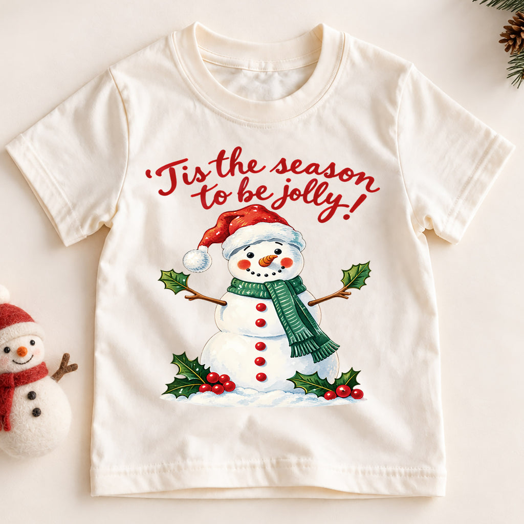 Tis the Season to Be Jolly Snowman Christmas Shirt, Cute Holiday Kids Tee, Festive Winter Holiday Outfit, Christmas Gift for Children — product view 2