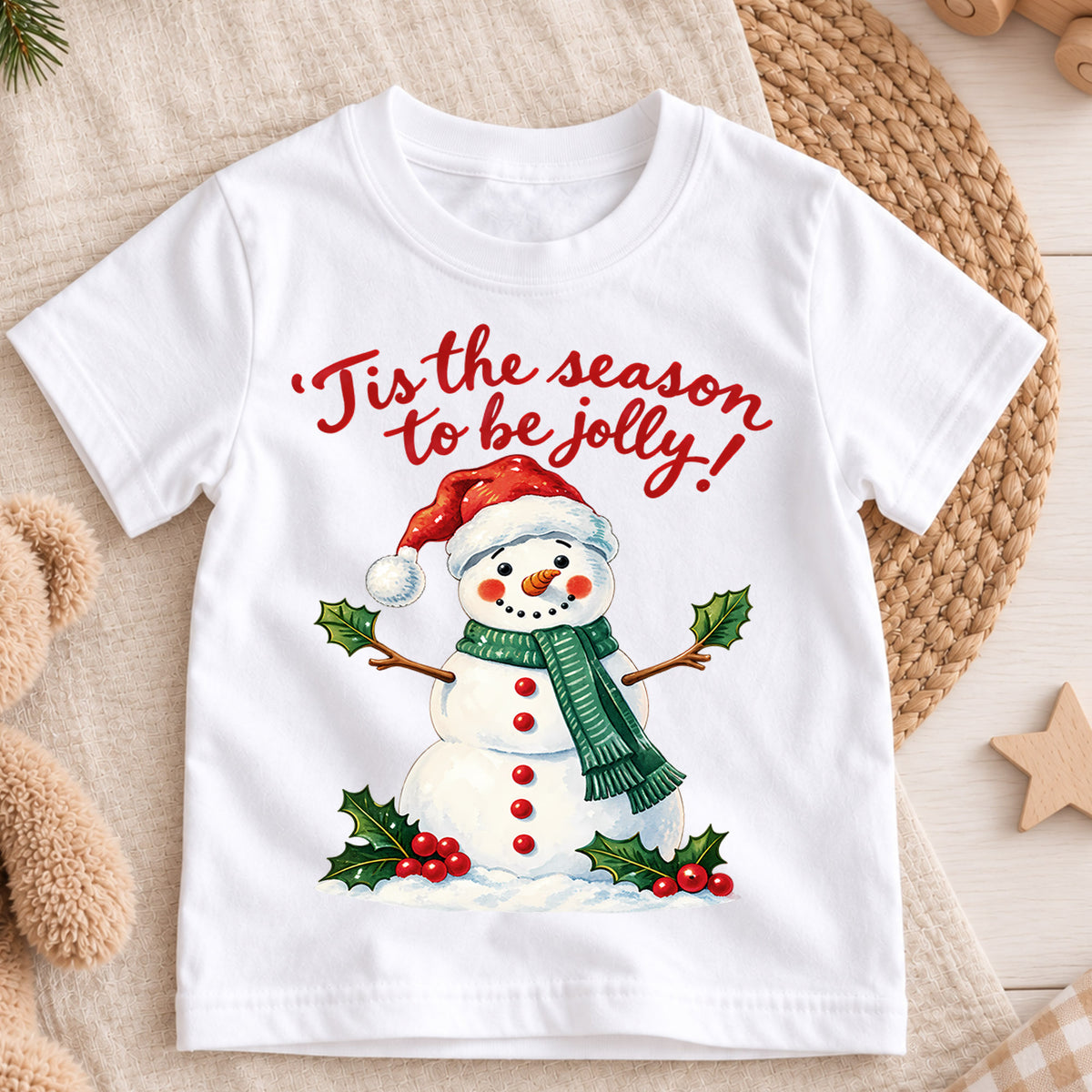 Tis the Season to Be Jolly Snowman Christmas Shirt, Cute Holiday Kids Tee, Festive Winter Holiday Outfit, Christmas Gift for Children — product view 3