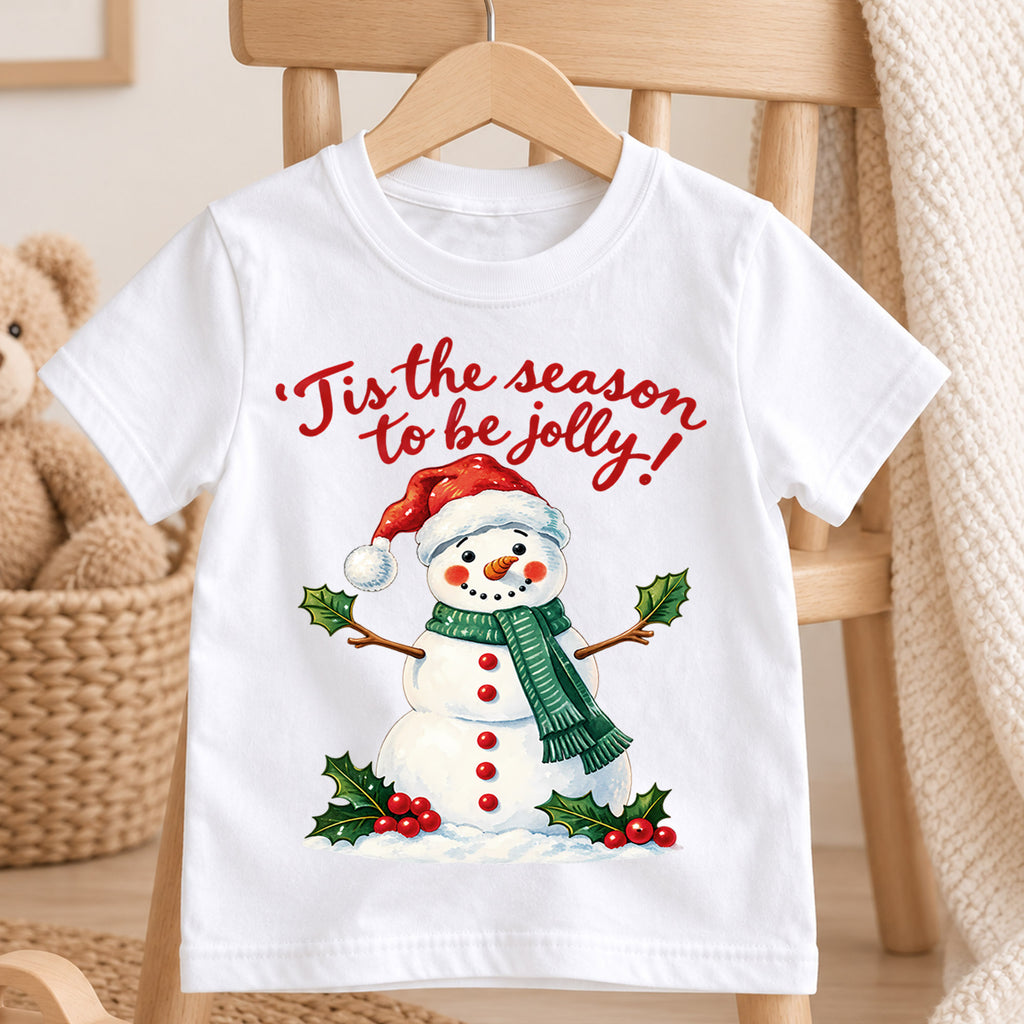 Tis the Season to Be Jolly Snowman Christmas Shirt, Cute Holiday Kids Tee, Festive Winter Holiday Outfit, Christmas Gift for Children — product view 4