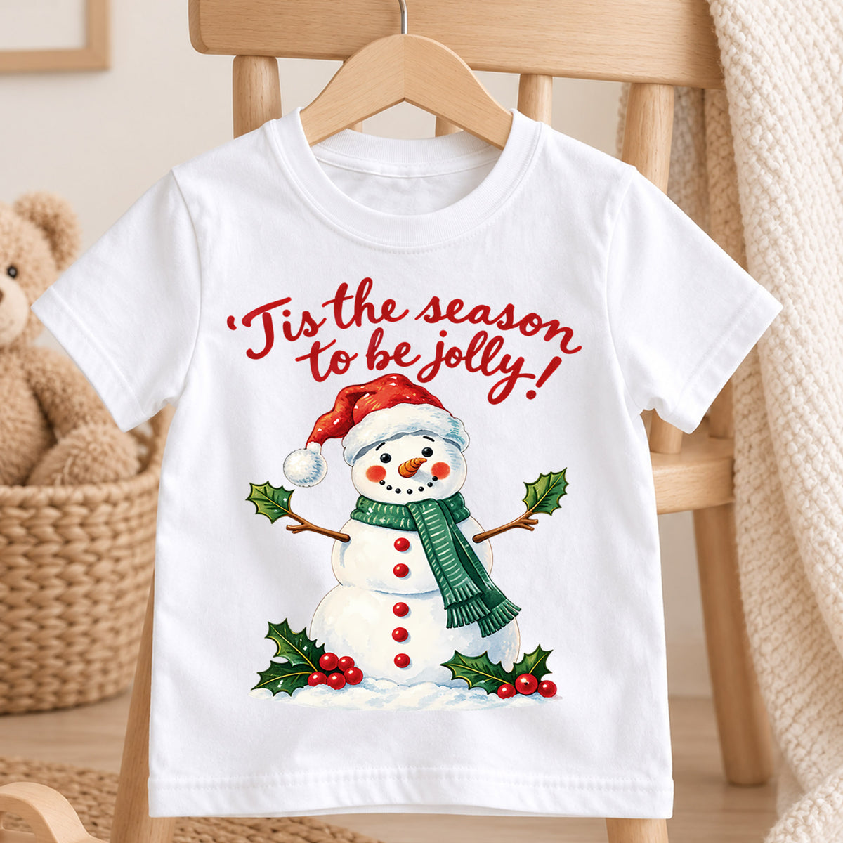 Tis the Season to Be Jolly Snowman Christmas Shirt, Cute Holiday Kids Tee, Festive Winter Holiday Outfit, Christmas Gift for Children — product view 4