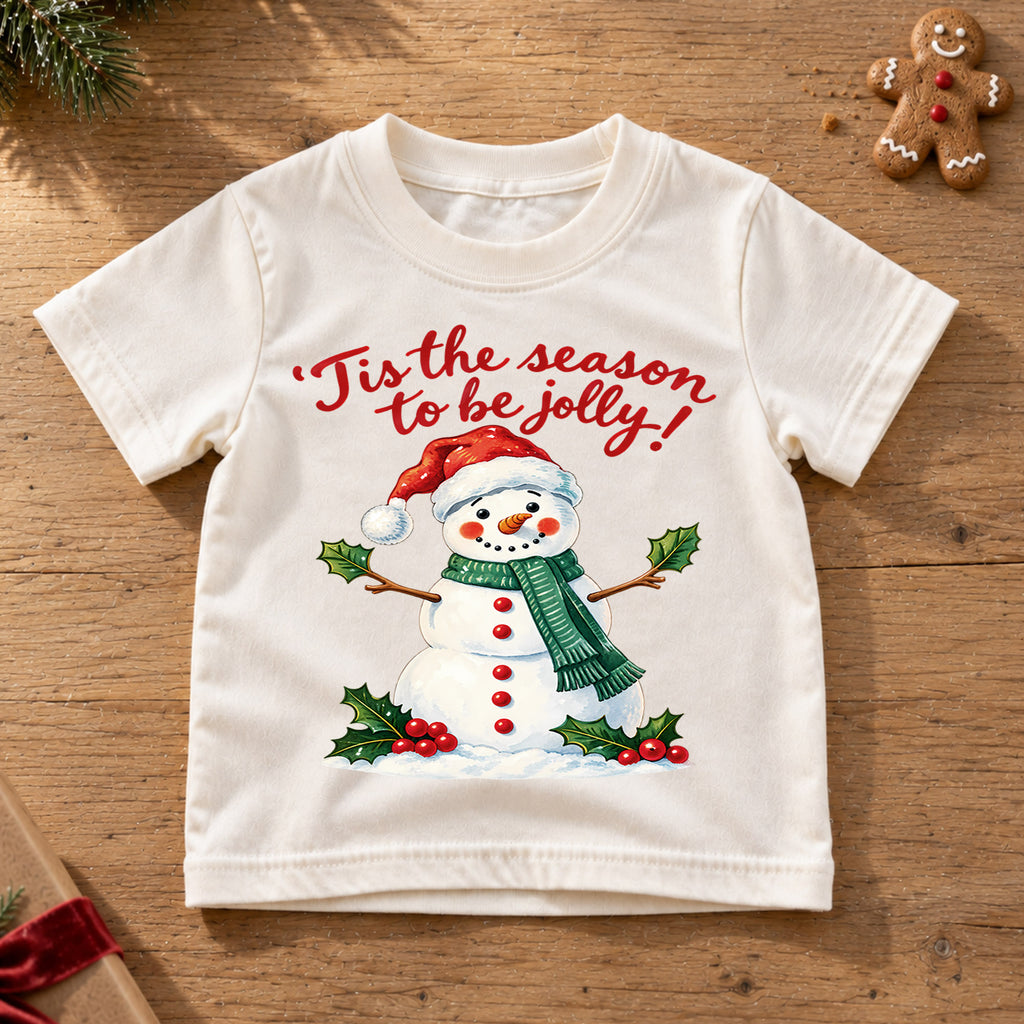 Tis the Season to Be Jolly Snowman Christmas Shirt, Cute Holiday Kids Tee, Festive Winter Holiday Outfit, Christmas Gift for Children — product view 6