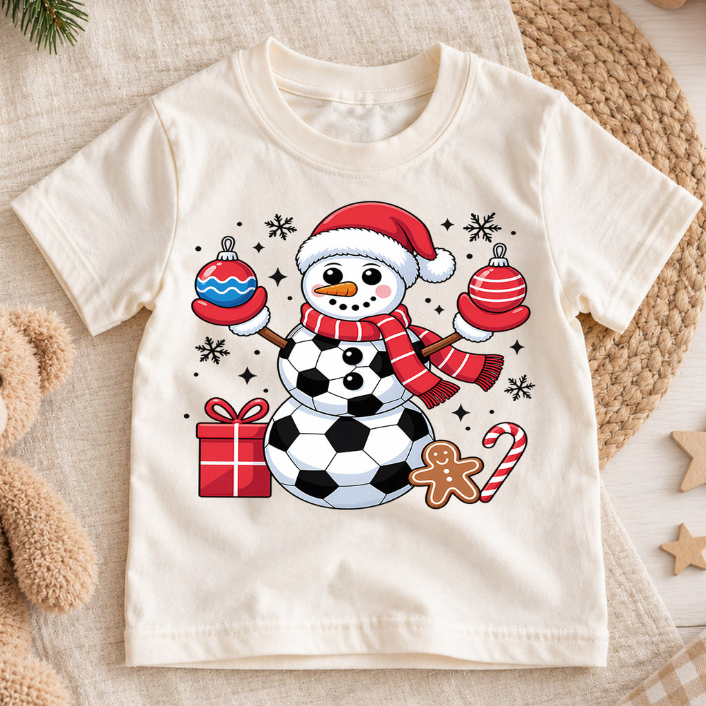 Cute Soccer Ball Snowman Christmas Shirt, Sports Holiday Graphic Kids Tee, Festive Winter Graphic Top, Christmas Gift for Young Players — product view 1