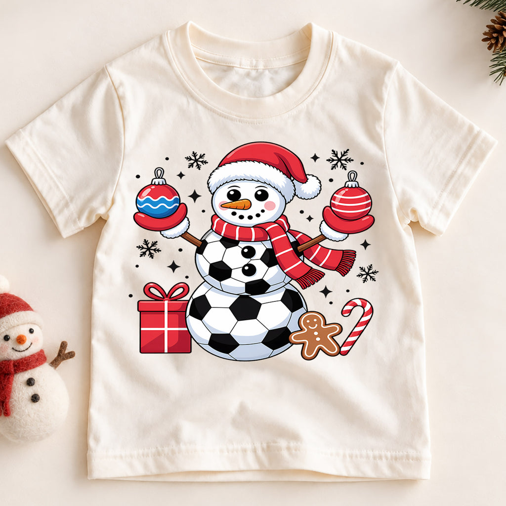 Cute Soccer Ball Snowman Christmas Shirt, Sports Holiday Graphic Kids Tee, Festive Winter Graphic Top, Christmas Gift for Young Players — product view 2