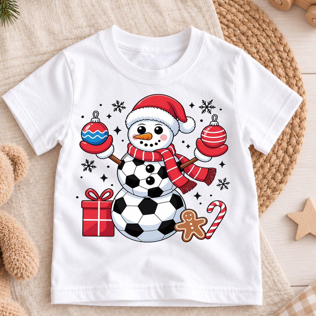 Cute Soccer Ball Snowman Christmas Shirt, Sports Holiday Graphic Kids Tee, Festive Winter Graphic Top, Christmas Gift for Young Players — product view 3