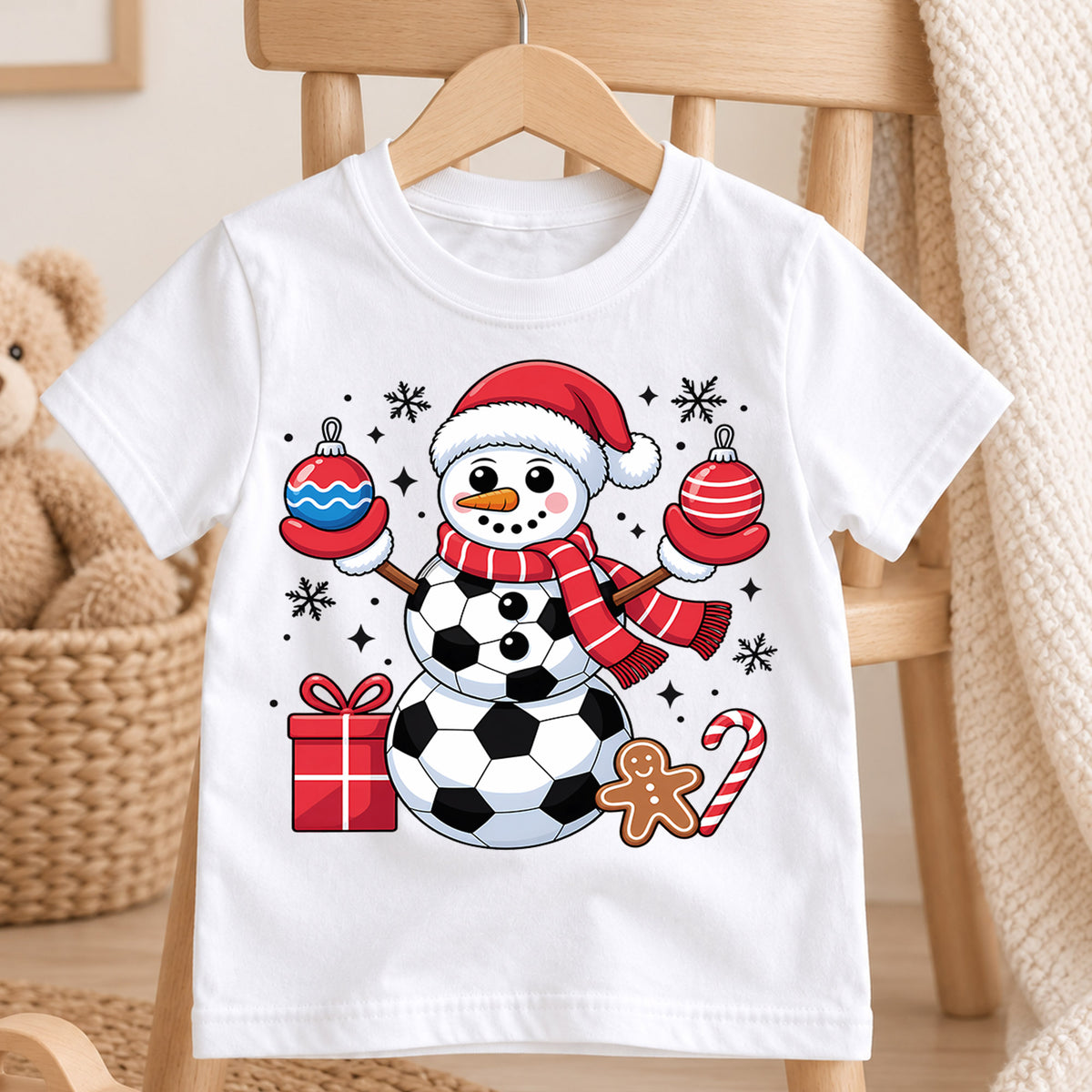 Cute Soccer Ball Snowman Christmas Shirt, Sports Holiday Graphic Kids Tee, Festive Winter Graphic Top, Christmas Gift for Young Players — product view 4