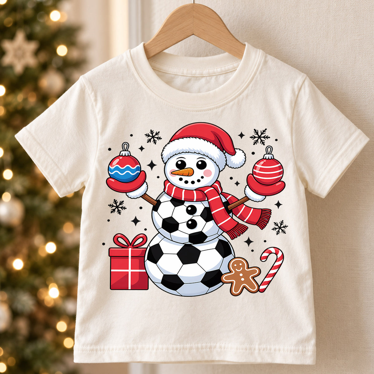 Cute Soccer Ball Snowman Christmas Shirt, Sports Holiday Graphic Kids Tee, Festive Winter Graphic Top, Christmas Gift for Young Players — product view 5