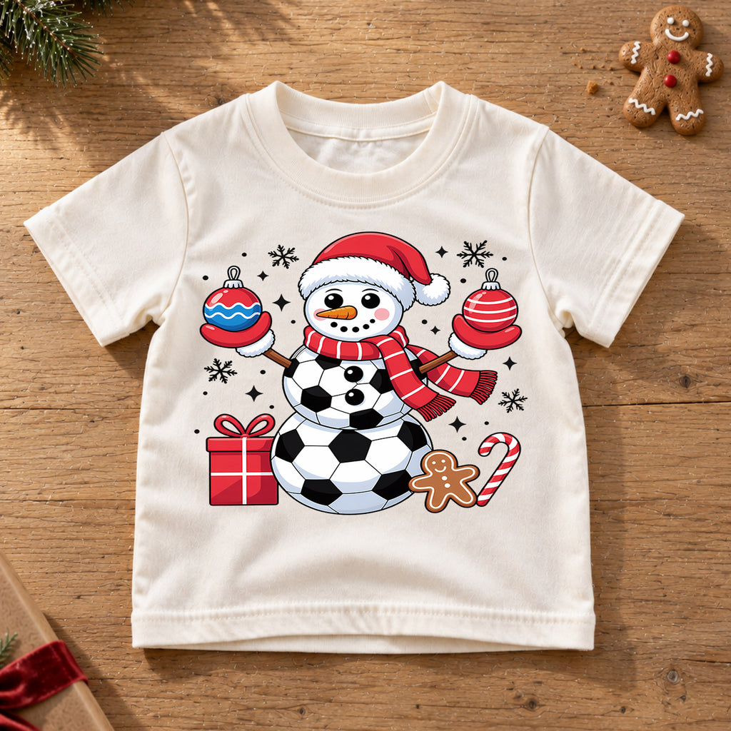Cute Soccer Ball Snowman Christmas Shirt, Sports Holiday Graphic Kids Tee, Festive Winter Graphic Top, Christmas Gift for Young Players — product view 6