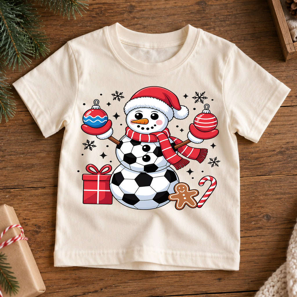 Cute Soccer Ball Snowman Christmas Shirt, Sports Holiday Graphic Kids Tee, Festive Winter Graphic Top, Christmas Gift for Young Players — product view 7