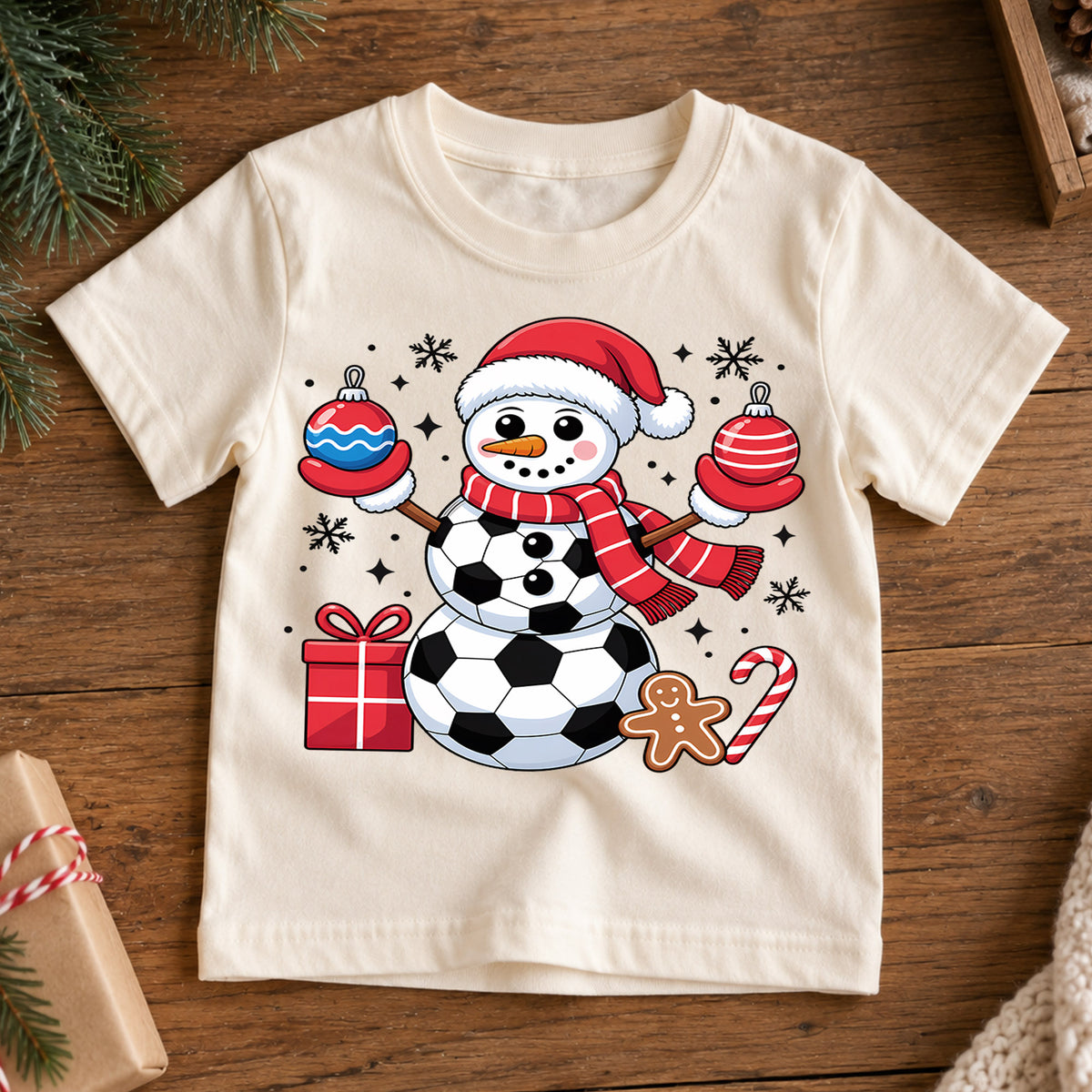 Cute Soccer Ball Snowman Christmas Shirt, Sports Holiday Graphic Kids Tee, Festive Winter Graphic Top, Christmas Gift for Young Players — product view 7