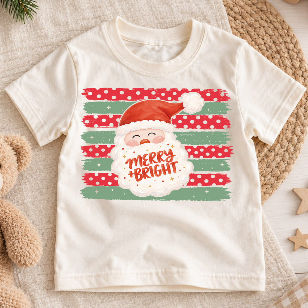 Merry and Bright Santa Claus Christmas Shirt, Festive Holiday Kids Tee, Cute Festive Winter Graphic Top, Christmas Gift for Children — product view 1