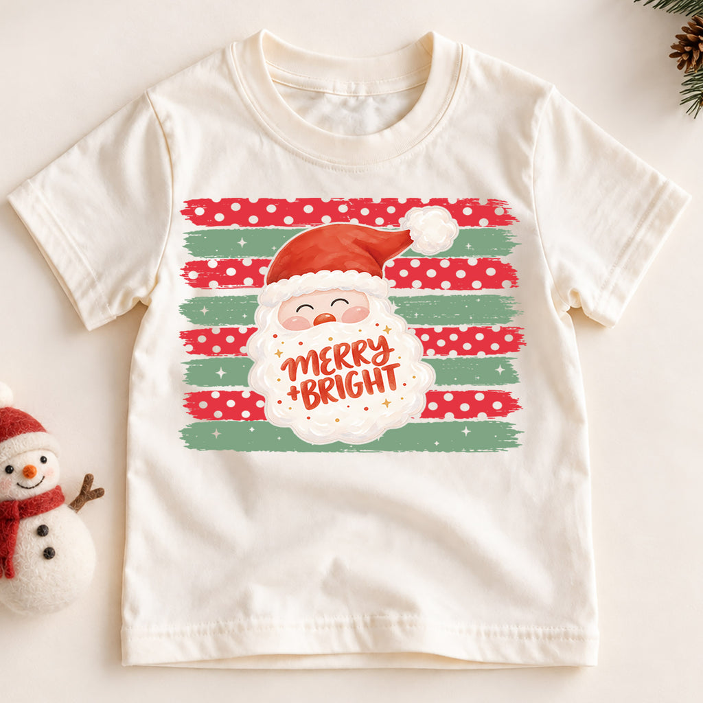 Merry and Bright Santa Claus Christmas Shirt, Festive Holiday Kids Tee, Cute Festive Winter Graphic Top, Christmas Gift for Children — product view 2