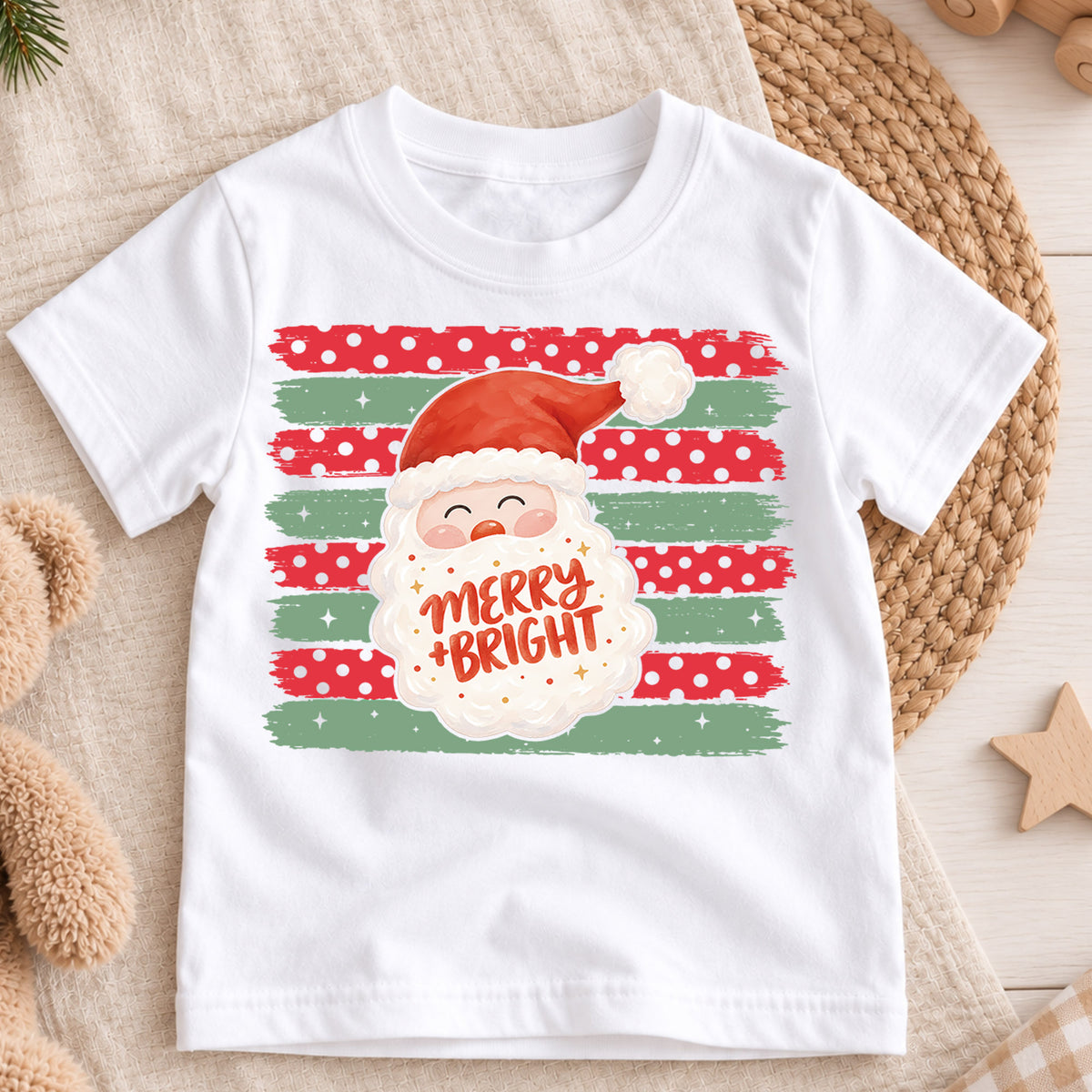 Merry and Bright Santa Claus Christmas Shirt, Festive Holiday Kids Tee, Cute Festive Winter Graphic Top, Christmas Gift for Children — product view 3