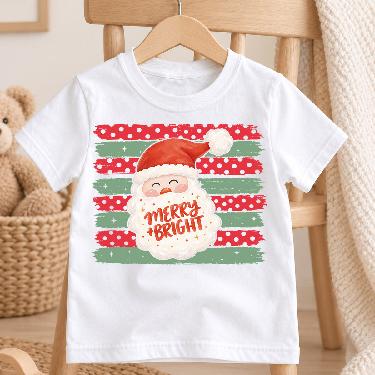 Merry and Bright Santa Claus Christmas Shirt, Festive Holiday Kids Tee, Cute Festive Winter Graphic Top, Christmas Gift for Children — product view 4