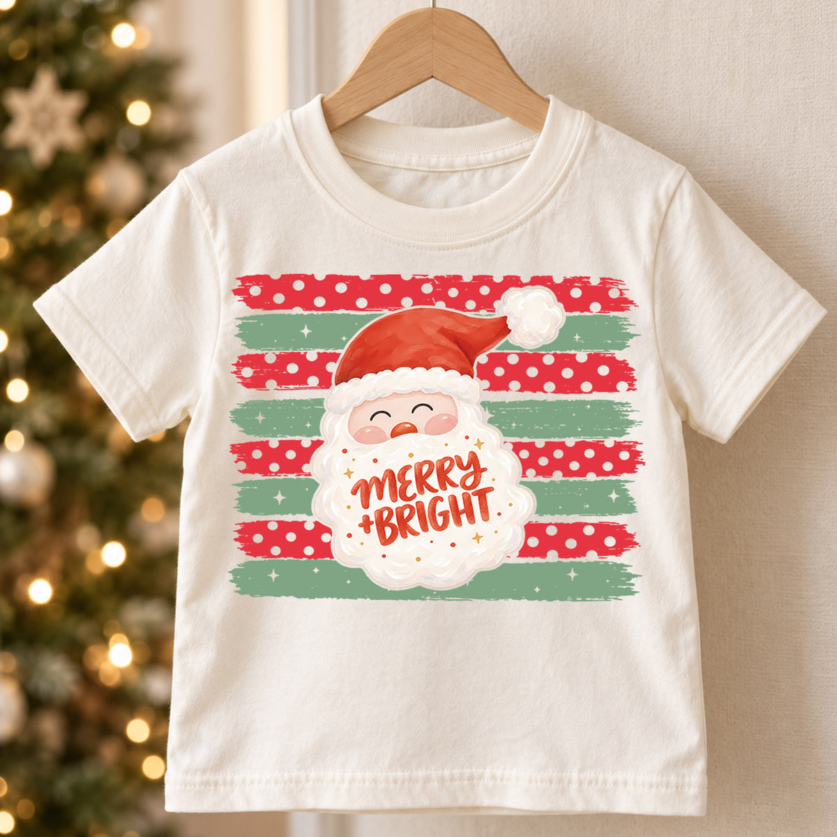 Merry and Bright Santa Claus Christmas Shirt, Festive Holiday Kids Tee, Cute Festive Winter Graphic Top, Christmas Gift for Children — product view 5