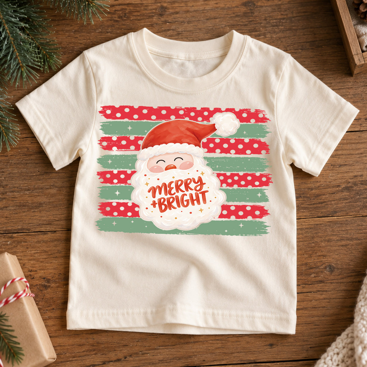 Merry and Bright Santa Claus Christmas Shirt, Festive Holiday Kids Tee, Cute Festive Winter Graphic Top, Christmas Gift for Children — product view 7