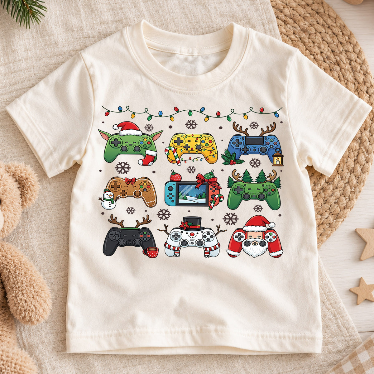 Cute Christmas Gaming Controllers Shirt, Fun Video Game Holiday Kids Tee, Festive Winter Graphic Top, Christmas Gift for Young Gamers — product view 1