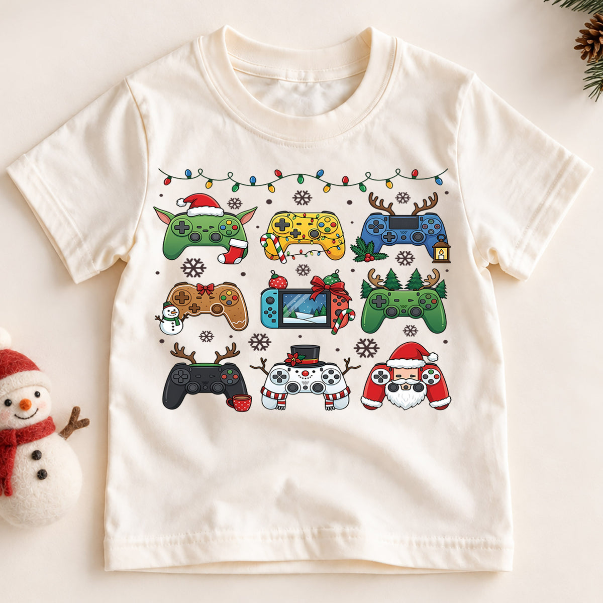 Cute Christmas Gaming Controllers Shirt, Fun Video Game Holiday Kids Tee, Festive Winter Graphic Top, Christmas Gift for Young Gamers — product view 2