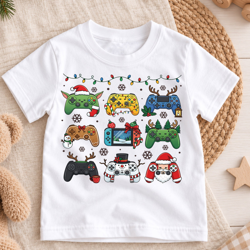 Cute Christmas Gaming Controllers Shirt, Fun Video Game Holiday Kids Tee, Festive Winter Graphic Top, Christmas Gift for Young Gamers — product view 3