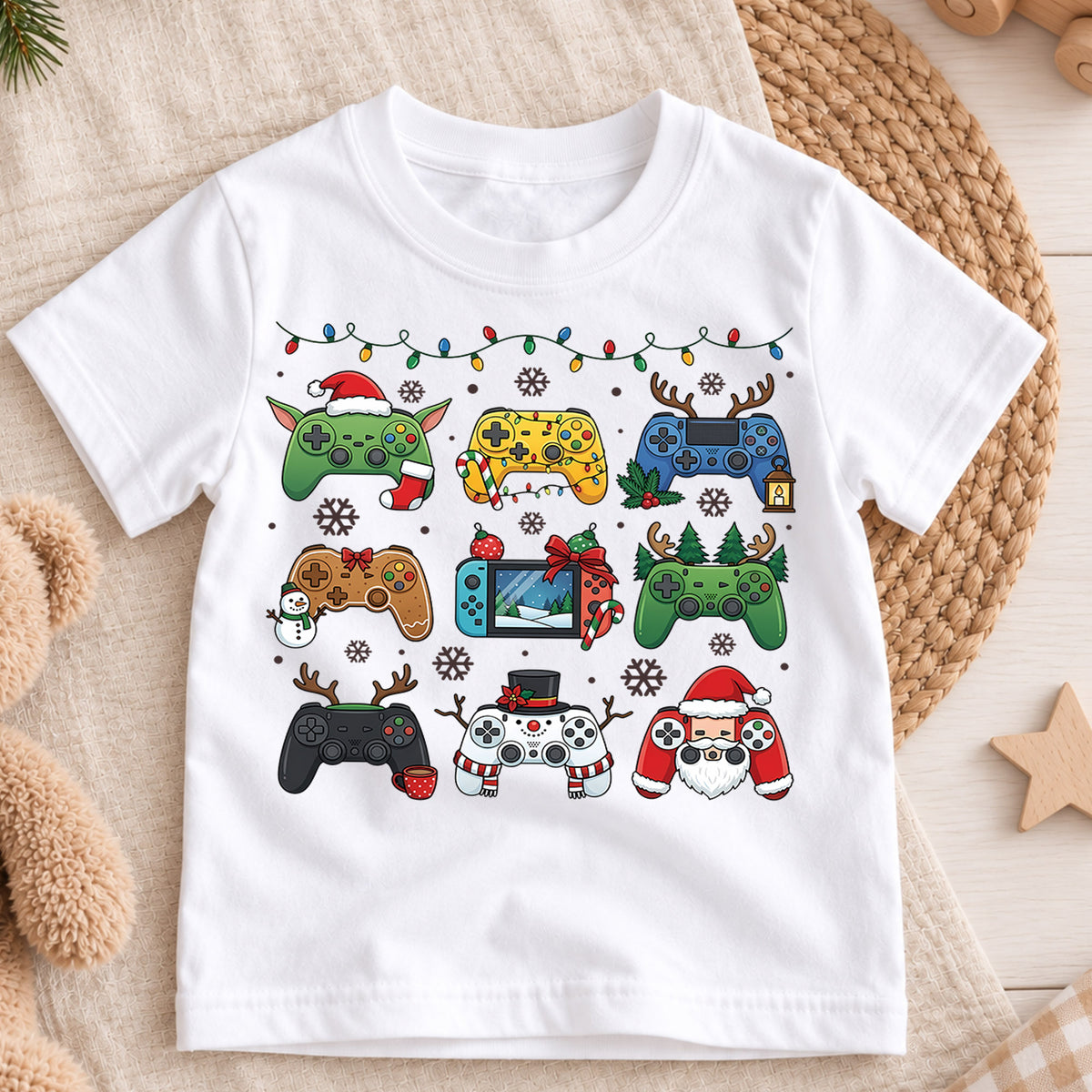 Cute Christmas Gaming Controllers Shirt, Fun Video Game Holiday Kids Tee, Festive Winter Graphic Top, Christmas Gift for Young Gamers — product view 3