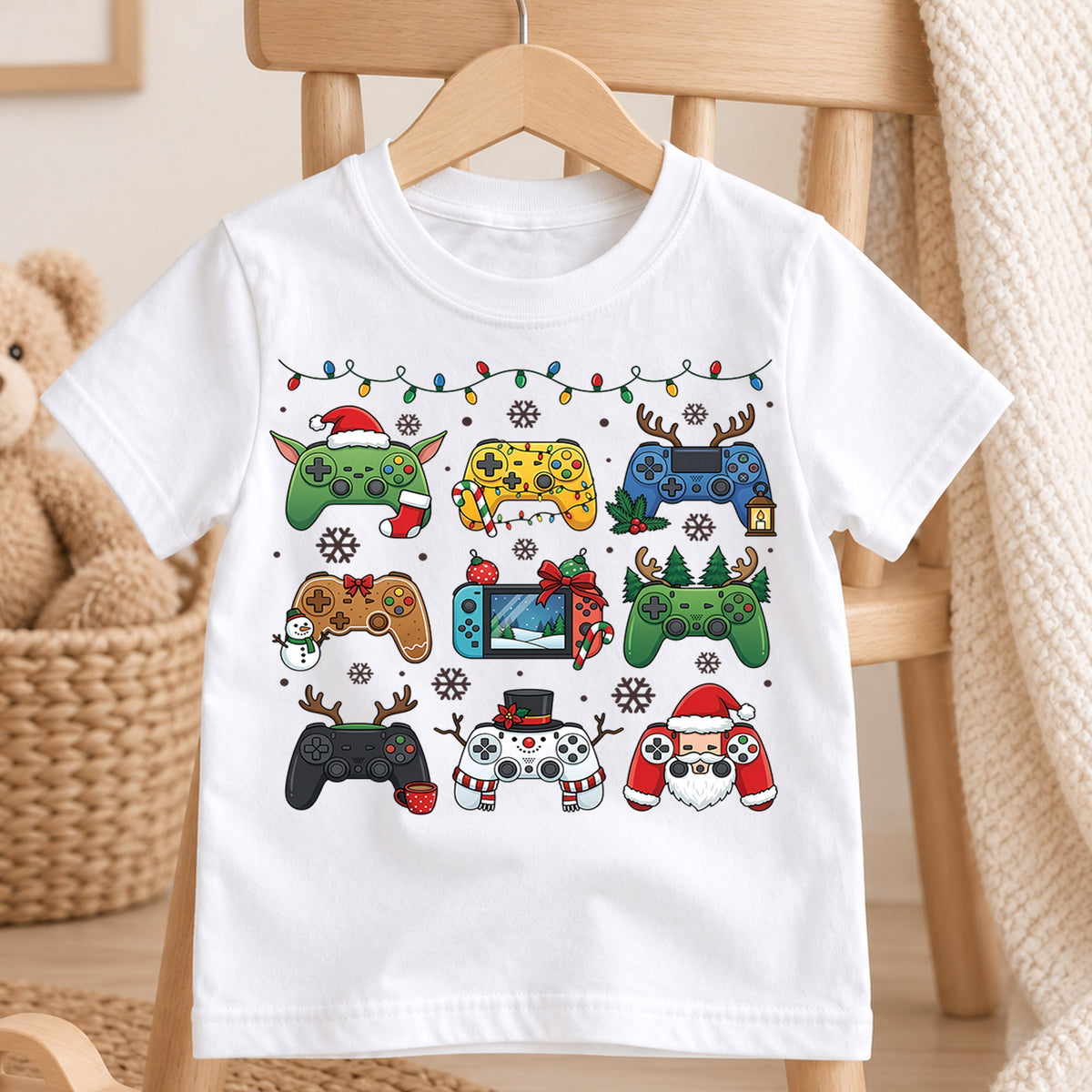 Cute Christmas Gaming Controllers Shirt, Fun Video Game Holiday Kids Tee, Festive Winter Graphic Top, Christmas Gift for Young Gamers — product view 4