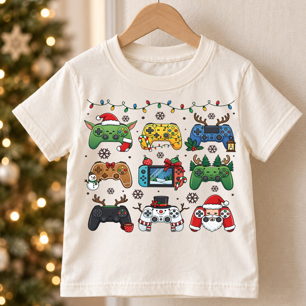 Cute Christmas Gaming Controllers Shirt, Fun Video Game Holiday Kids Tee, Festive Winter Graphic Top, Christmas Gift for Young Gamers — product view 5