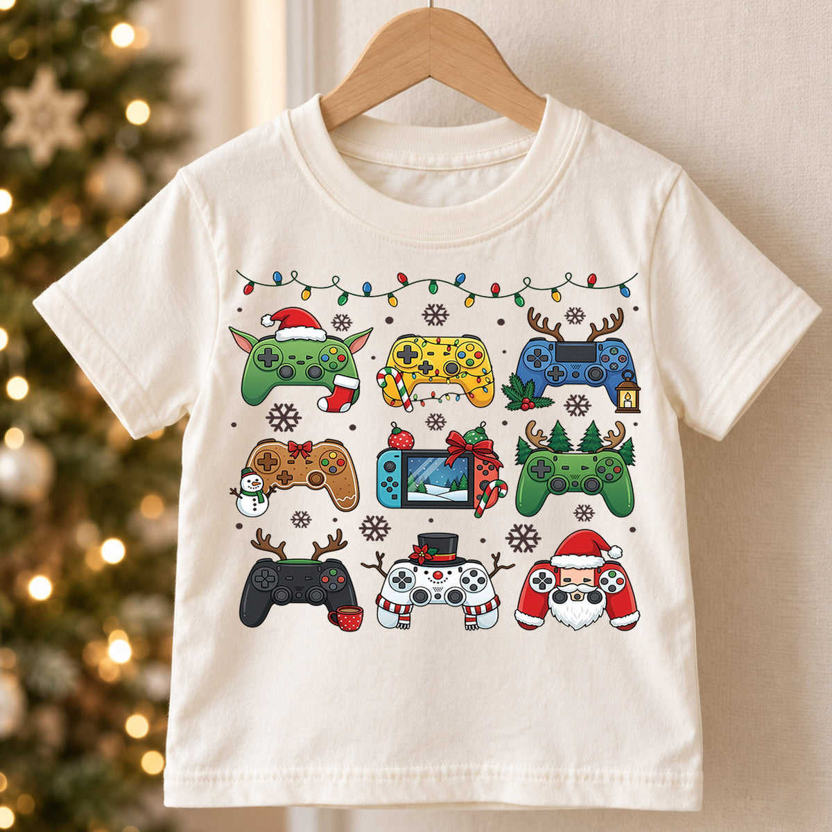 Cute Christmas Gaming Controllers Shirt, Fun Video Game Holiday Kids Tee, Festive Winter Graphic Top, Christmas Gift for Young Gamers — product view 5