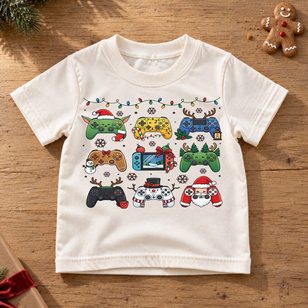 Cute Christmas Gaming Controllers Shirt, Fun Video Game Holiday Kids Tee, Festive Winter Graphic Top, Christmas Gift for Young Gamers — product view 6