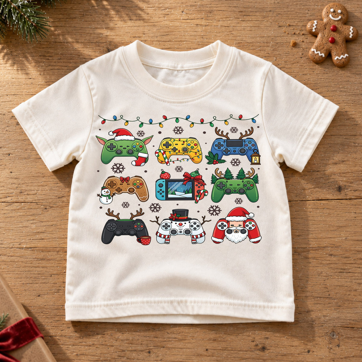 Cute Christmas Gaming Controllers Shirt, Fun Video Game Holiday Kids Tee, Festive Winter Graphic Top, Christmas Gift for Young Gamers — product view 6