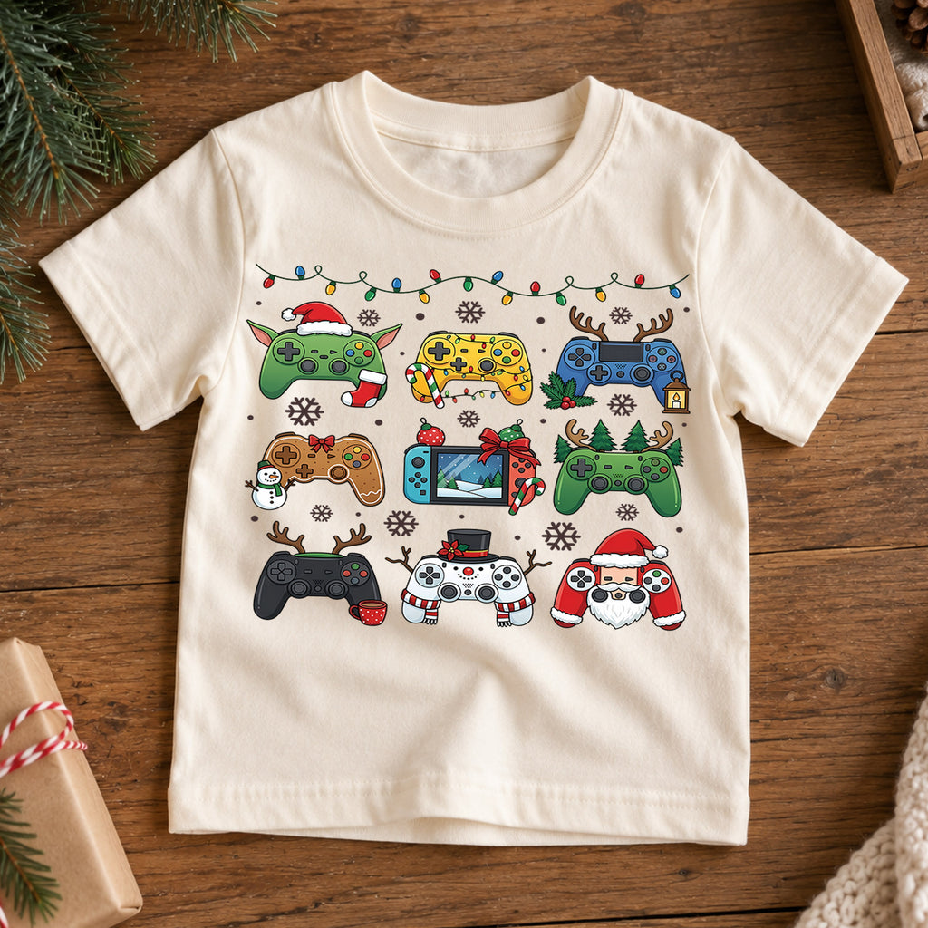 Cute Christmas Gaming Controllers Shirt, Fun Video Game Holiday Kids Tee, Festive Winter Graphic Top, Christmas Gift for Young Gamers — product view 7