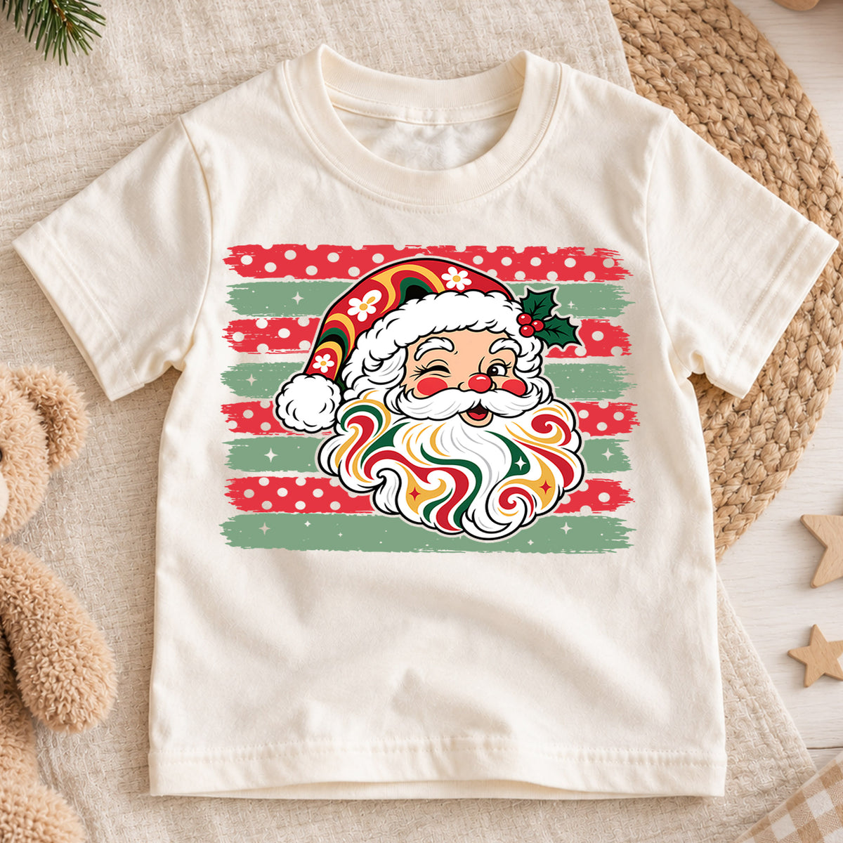 Groovy Retro Santa Claus Christmas Shirt, Vintage Holiday Kids Tee, Festive Winter Holiday Graphic Top, Cute Christmas Gift for Children — product view 1
