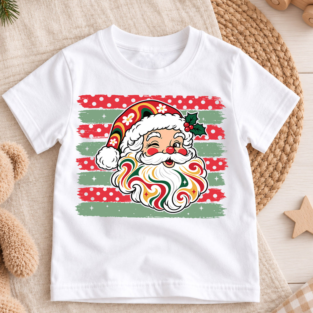 Groovy Retro Santa Claus Christmas Shirt, Vintage Holiday Kids Tee, Festive Winter Holiday Graphic Top, Cute Christmas Gift for Children — product view 3
