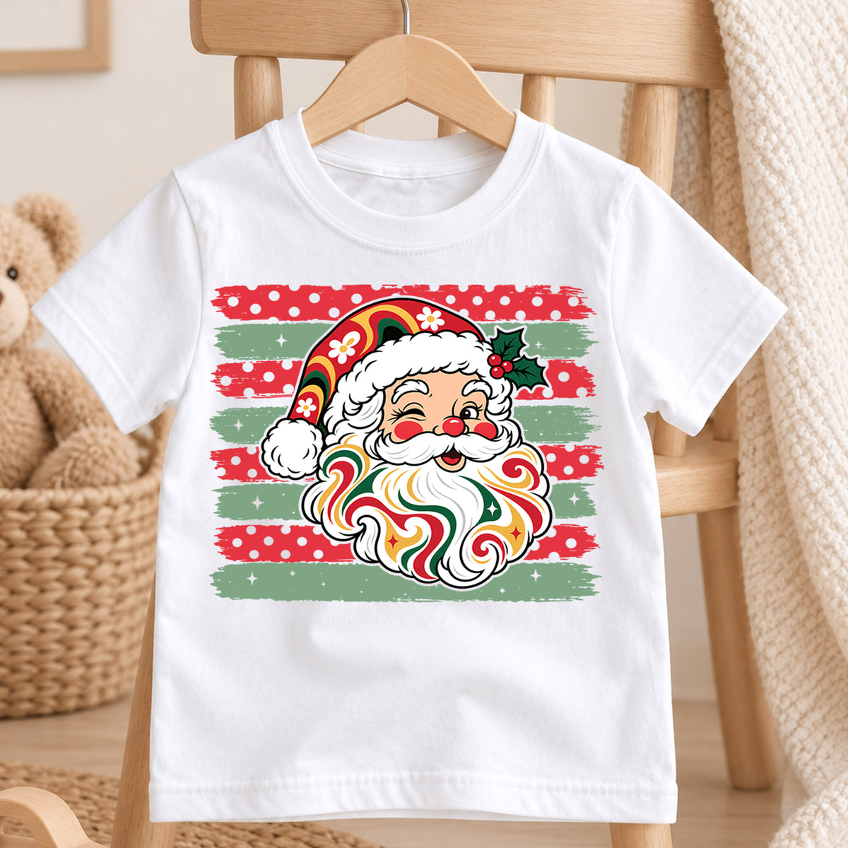 Groovy Retro Santa Claus Christmas Shirt, Vintage Holiday Kids Tee, Festive Winter Holiday Graphic Top, Cute Christmas Gift for Children — product view 4