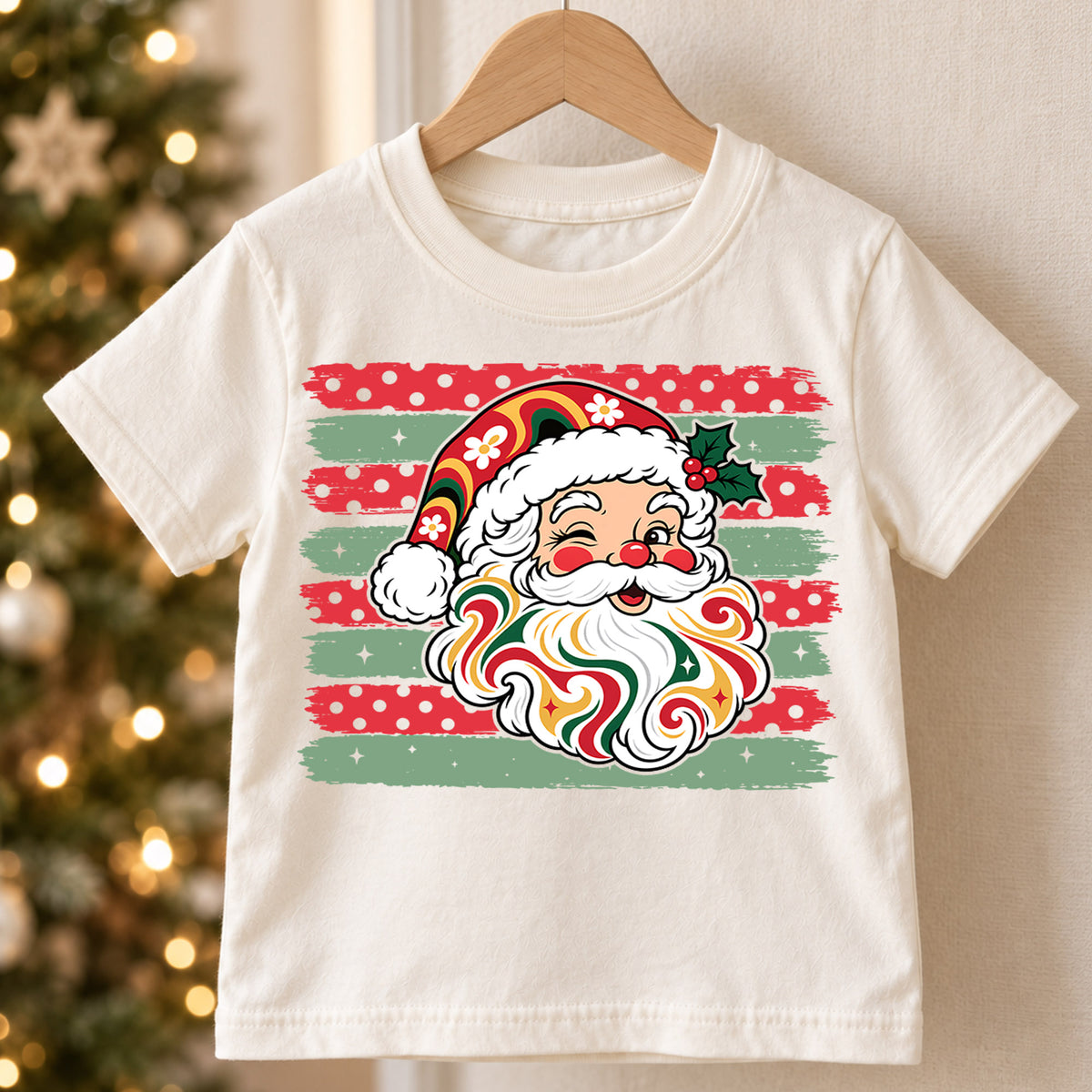 Groovy Retro Santa Claus Christmas Shirt, Vintage Holiday Kids Tee, Festive Winter Holiday Graphic Top, Cute Christmas Gift for Children — product view 5