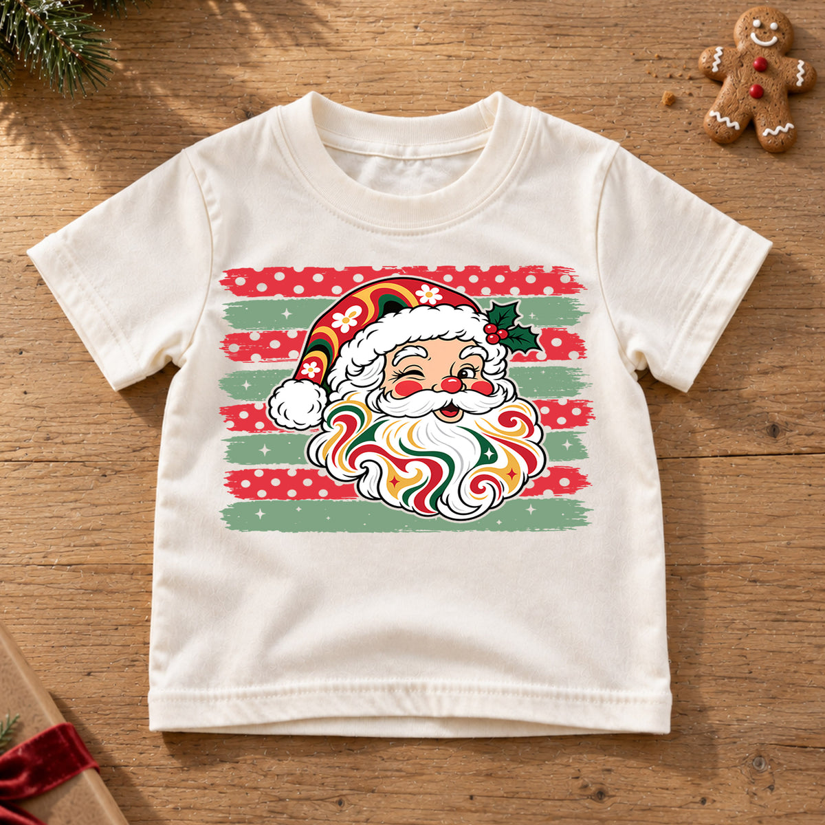Groovy Retro Santa Claus Christmas Shirt, Vintage Holiday Kids Tee, Festive Winter Holiday Graphic Top, Cute Christmas Gift for Children — product view 6