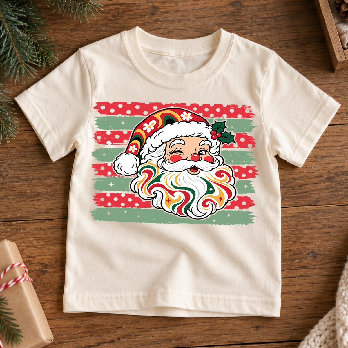 Groovy Retro Santa Claus Christmas Shirt, Vintage Holiday Kids Tee, Festive Winter Holiday Graphic Top, Cute Christmas Gift for Children — product view 7