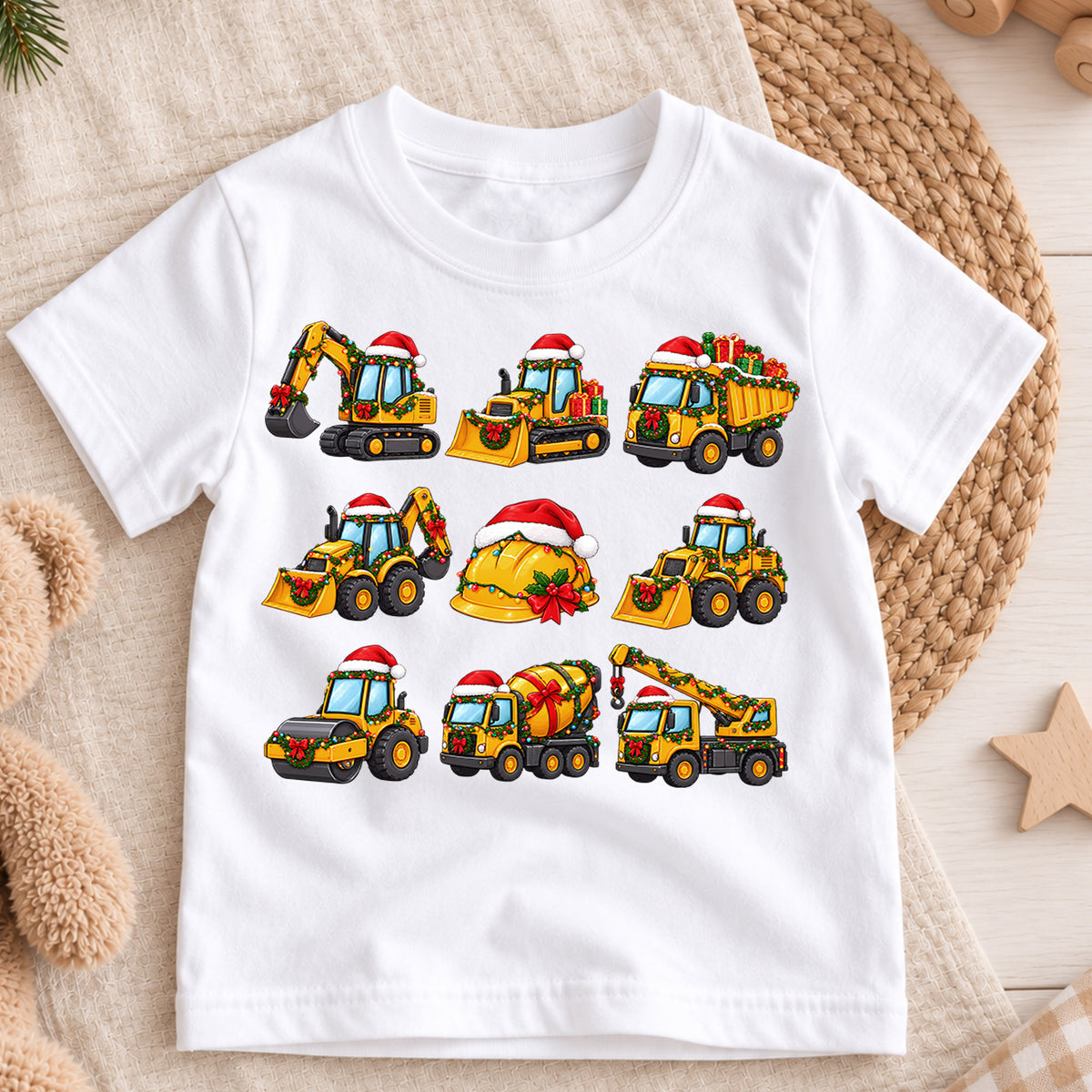 Cute Christmas Construction Trucks Shirt, Holiday Vehicle Kids Tee, Festive Winter Graphic Top, Christmas Gift for Little Builders — product view 3