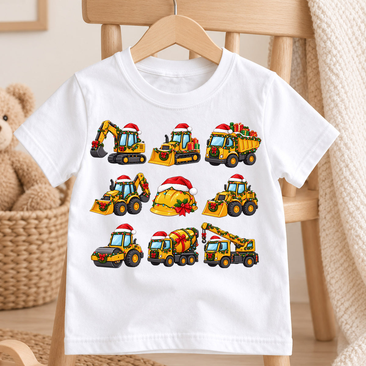Cute Christmas Construction Trucks Shirt, Holiday Vehicle Kids Tee, Festive Winter Graphic Top, Christmas Gift for Little Builders — product view 4