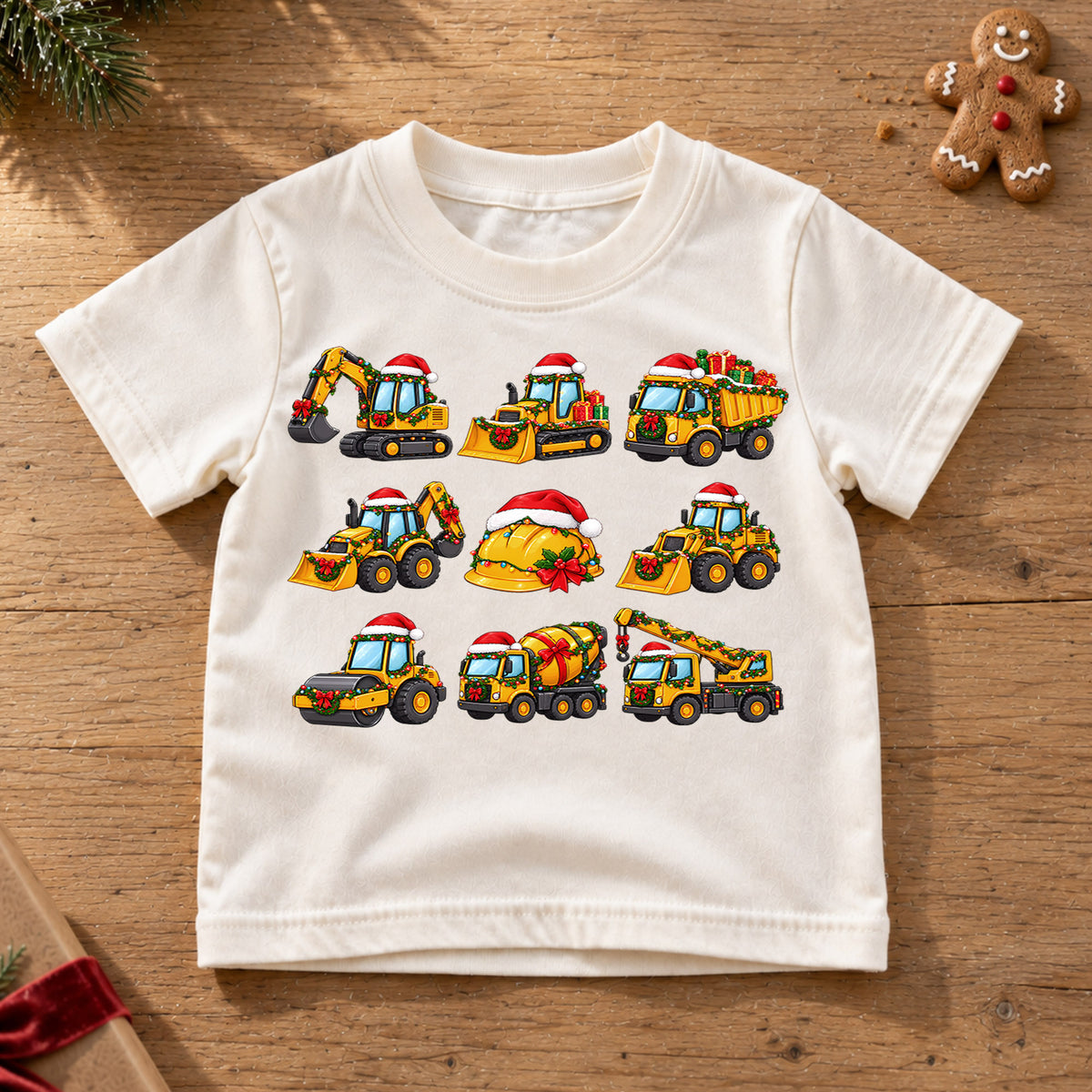 Cute Christmas Construction Trucks Shirt, Holiday Vehicle Kids Tee, Festive Winter Graphic Top, Christmas Gift for Little Builders — product view 6